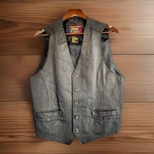Vintage 90s Streetwear Black Leather Vest Biker L V-Neck Motorcycle Goth Punk‎